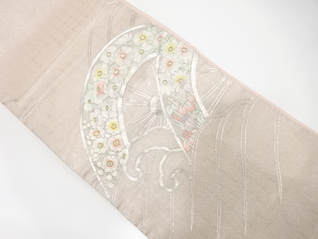 アンティーク　いづくら製　荒波に片輪車・草花模様刺繍袋帯（材料）